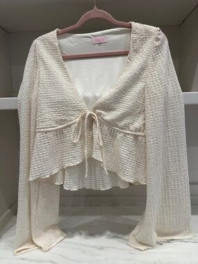 Pink Lily small Cream Textured Tie-Front Peplum Top.  Like new